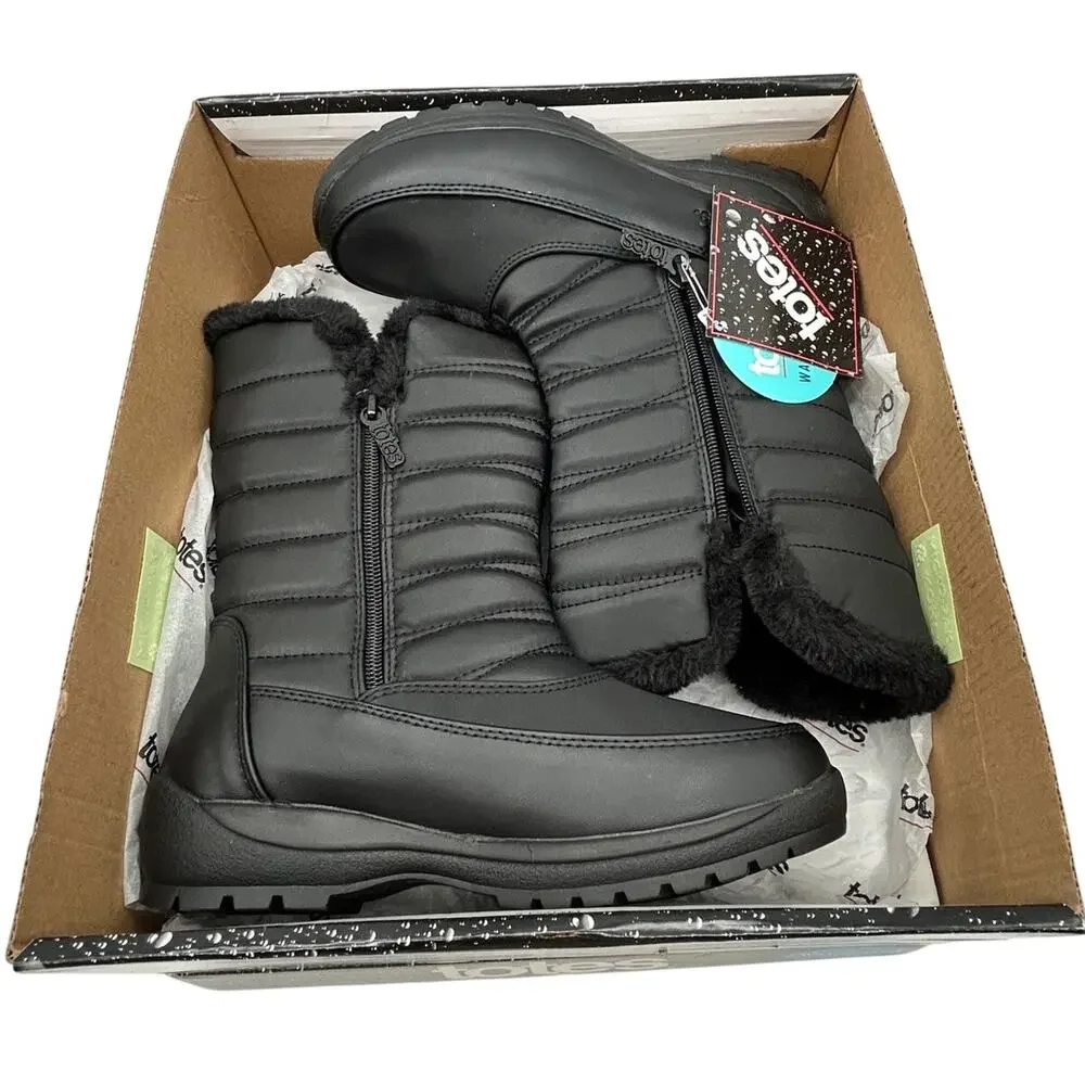 New Totes Jennifer Black Waterproof Winter Snow Boots Women's Size 6W Faux Fur